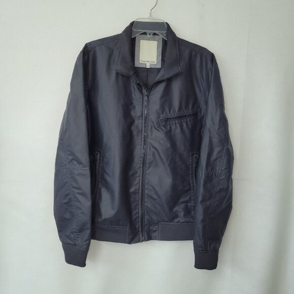 Calvin Klein Jeans Jacket Mens L Black Nylon Bomber‎ Full Zip Zipper Pockets - Picture 1 of 14